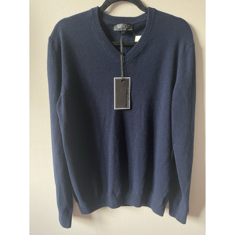 NWT Mantovani Studio Italian Cashmere Navy V Neck Sweater  L  Oversized